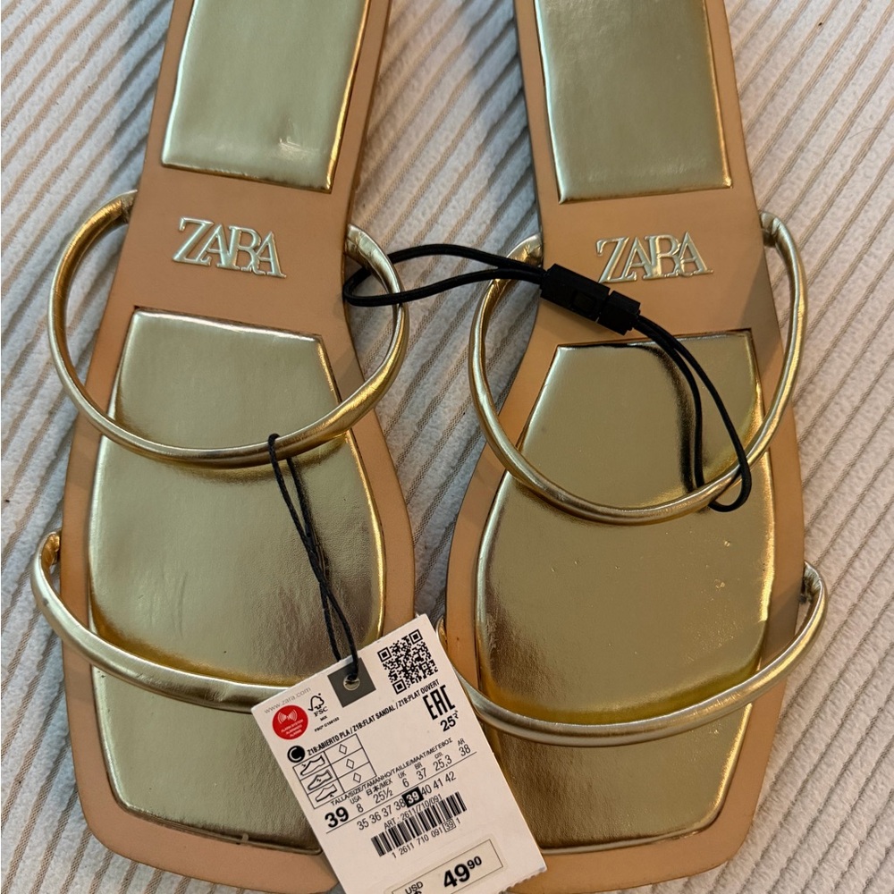 Zara Metallic Gold Strappy Sandals Sz 8